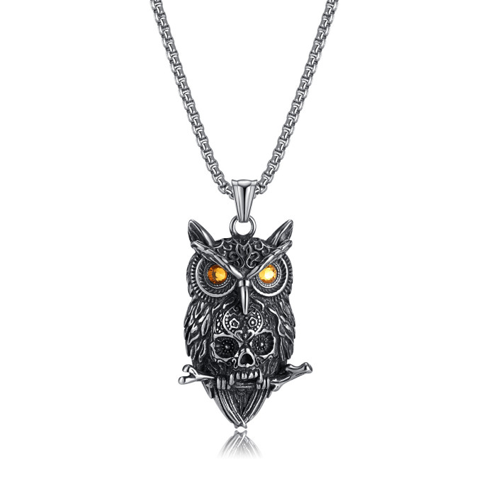Men Gothic Style High Quality Alloy Owl Pendant Necklace with Stainless Steel Chain Biker Halloween Fashion Jewelry
