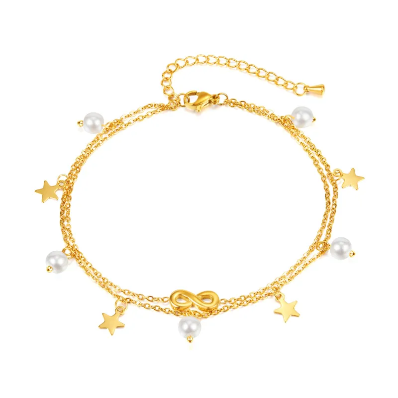 Rose Gold Color Anklet for Women Star Pearl Stone Charm Stainless Steel Holiday Jewelry Adjustable