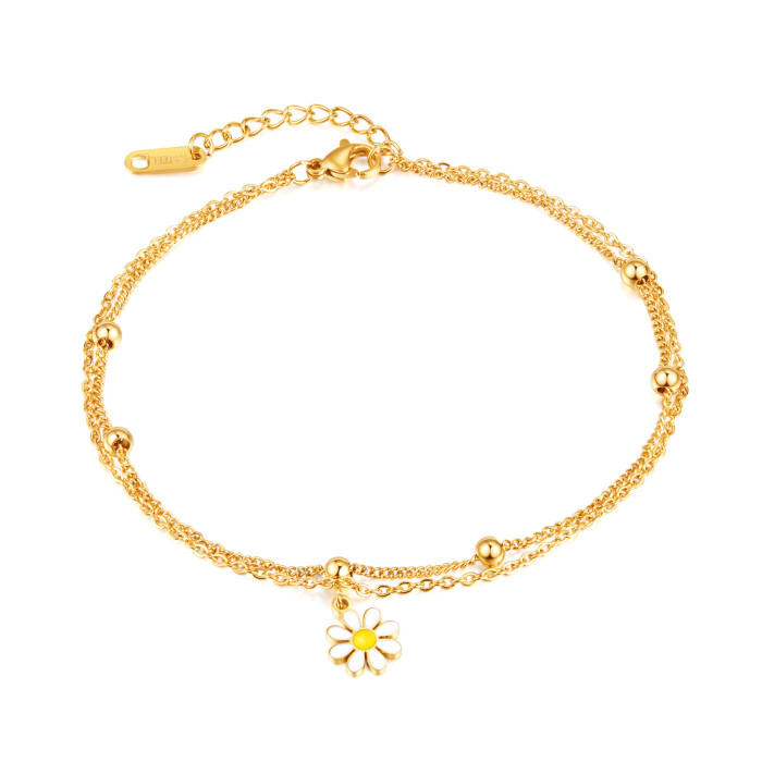 316L Stainless Steel Fashion High-end Jewelry Non-sliding Beading Elegant Daisy Ankle Ornaments Charm Chain Anklet for Women 158