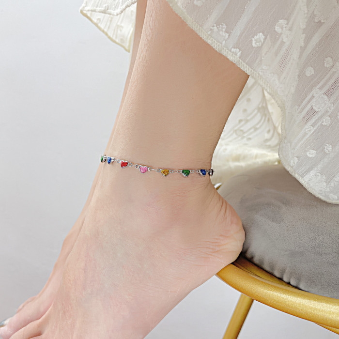 Boho Sweet Colorful Cubic Zircon Anklets Stainless Steel Geometric Crystal Ankle Bracelet Women's Sandals Summer