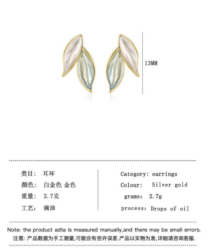 Blue Leaves Two-color Sweet Glue Gradient Earrings Simple Fashionable Party Jewelry Gift For Women