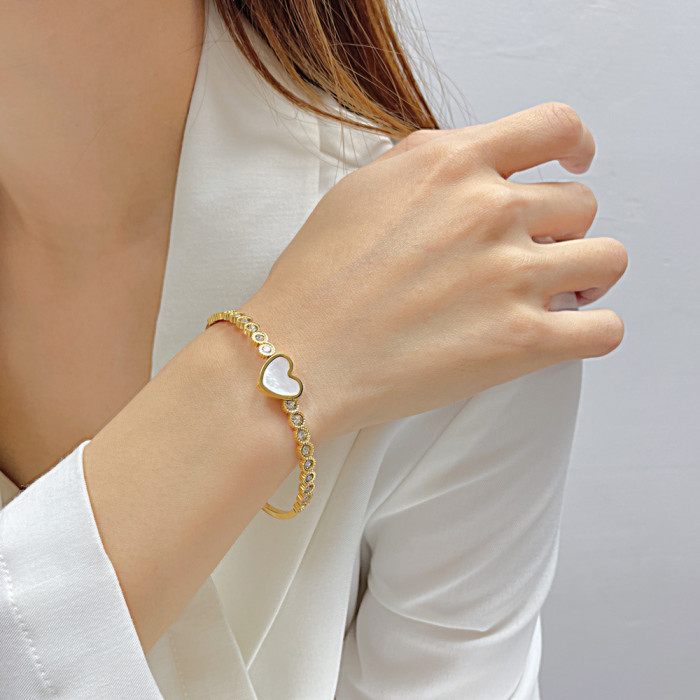 Gold Color Zircon Heart Bracelet & Bangle for Woman Stainless Steel Brand Wedding Jewelry Gifts
