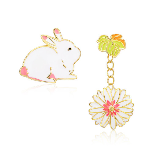 Original Rabbit Flower Earrings Female Simple Cute Fashion Asymmetrical Creative Earrings Oil Drop Jewelry Birthday Gift