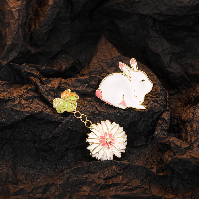 Original Rabbit Flower Earrings Female Simple Cute Fashion Asymmetrical Creative Earrings Oil Drop Jewelry Birthday Gift