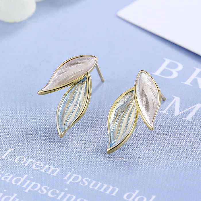 Blue Leaves Two-color Sweet Glue Gradient Earrings Simple Fashionable Party Jewelry Gift For Women