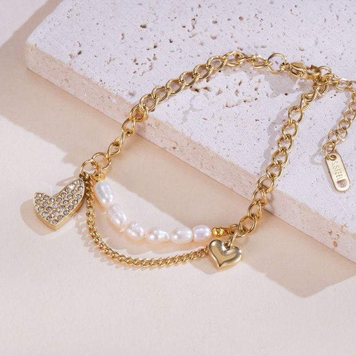Stainless Steel Heart Pendant Bracelet Pearl Beads Chain with Heart Pendant Bracelets for Women Jewelry
