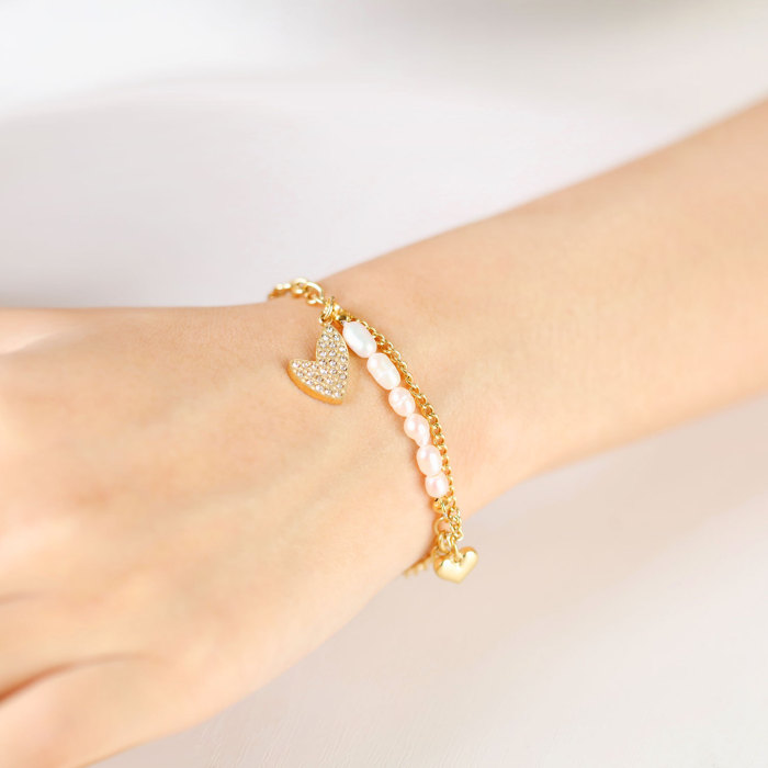Stainless Steel Heart Pendant Bracelet Pearl Beads Chain with Heart Pendant Bracelets for Women Jewelry
