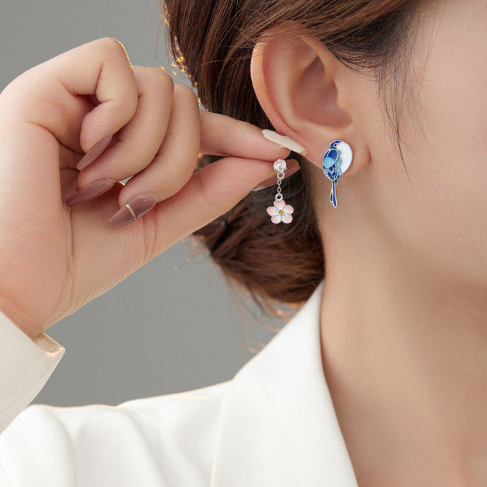 Fashionable  Personalized Sen Enamel Blue Bird Earrings with Gold Plated Zircon Tassel Flower S925 Silver Needle Earrings