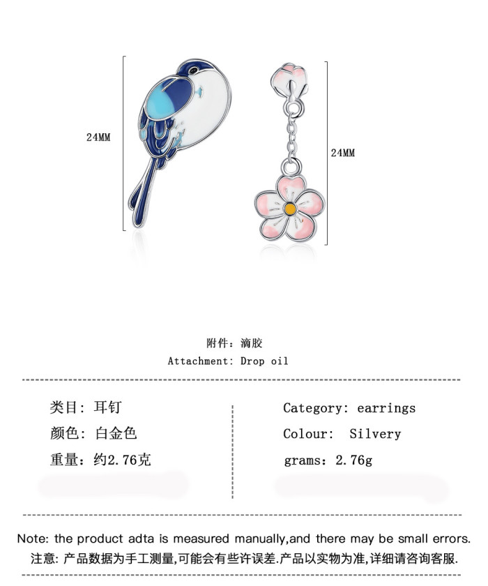 Fashionable  Personalized Sen Enamel Blue Bird Earrings with Gold Plated Zircon Tassel Flower S925 Silver Needle Earrings