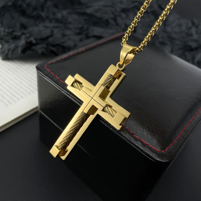 Stainless Steel Sliver Color Gold Plated Cross Delicate Fashion Pendant Necklace Jewelry Gift for Him Man with Chain