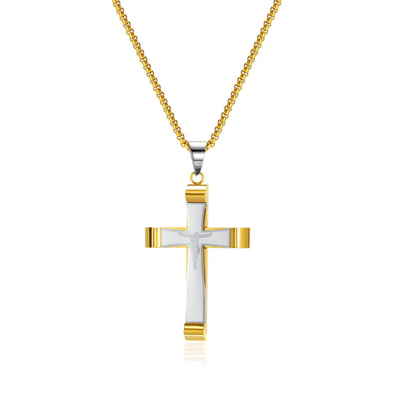 Mens  Chain Necklace Black Cross Stainless Steel Pendant Gold Color Box Chain Fashion Peace Faith