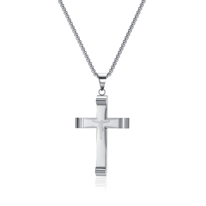 Mens  Chain Necklace Black Cross Stainless Steel Pendant Gold Color Box Chain Fashion Peace Faith