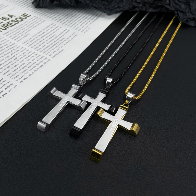 Mens  Chain Necklace Black Cross Stainless Steel Pendant Gold Color Box Chain Fashion Peace Faith