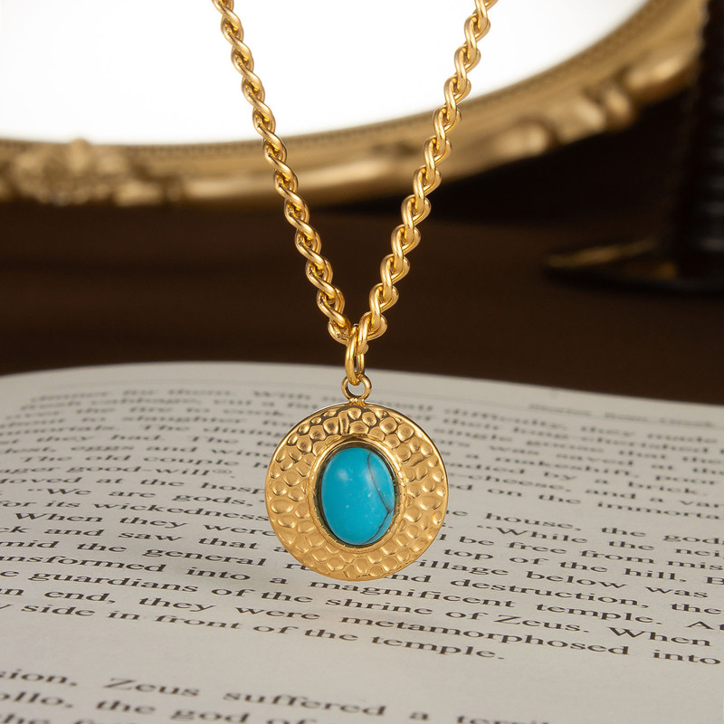 Vintage Simple Natural turquoise stone stainless steel necklace pendant for women Golden Collar Elegant Necklace for Women Girl