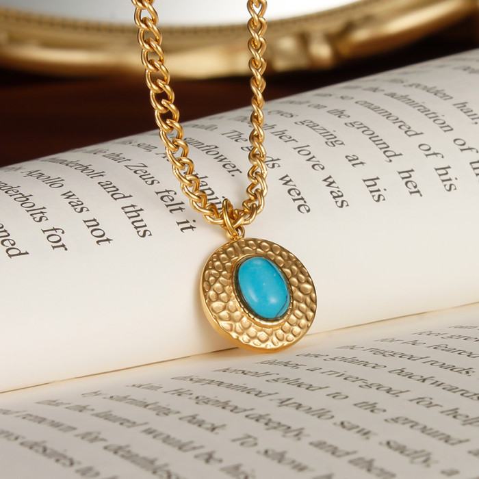 Vintage Simple Natural turquoise stone stainless steel necklace pendant for women Golden Collar Elegant Necklace for Women Girl
