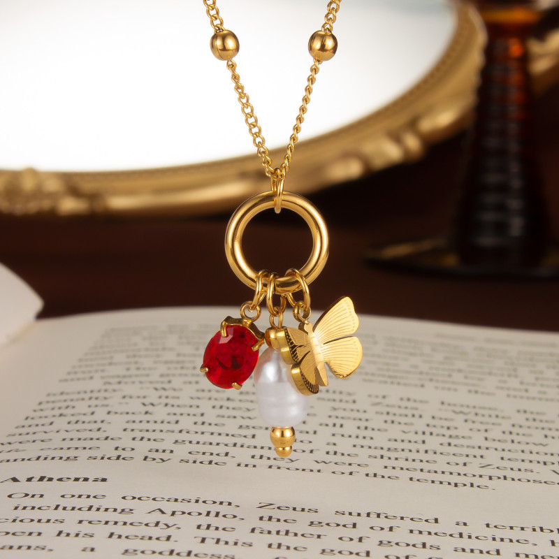 316L Stainless Steel Stone  Pendant Necklace for Women Designer Vintage Pearl Chain Jewelry