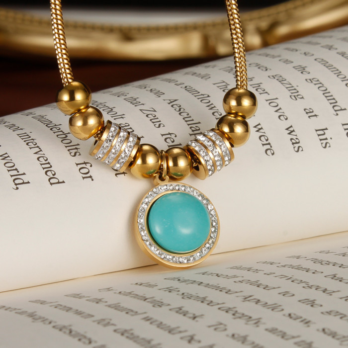 Fashion Round Turquoises Stone Water Drop Pendant Necklace Gold Color Stainless Steel Necklace Wedding Party Jewelry Gift