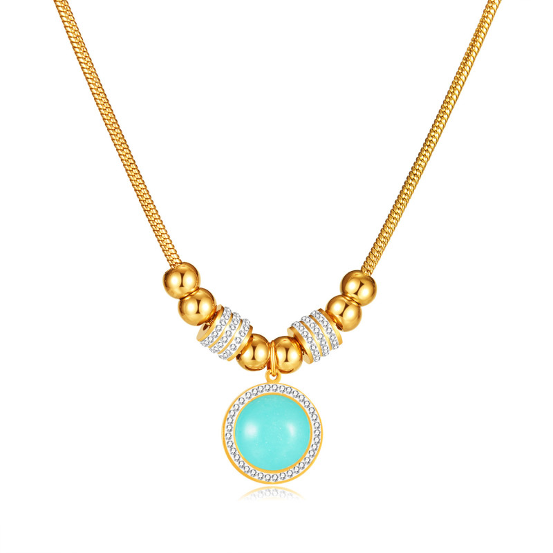 Fashion Round Turquoises Stone Water Drop Pendant Necklace Gold Color Stainless Steel Necklace Wedding Party Jewelry Gift