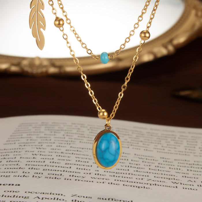 316L Stainless Steel Round Turquoise Pendant Necklace for Women Girl Trend Non-fading Choker Jewelry Gift Wedding Party