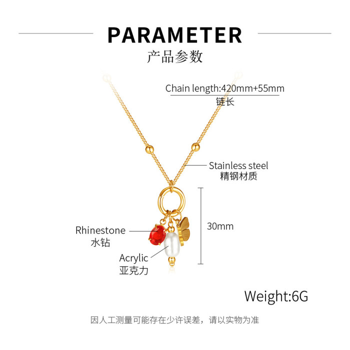 316L Stainless Steel Stone  Pendant Necklace for Women Designer Vintage Pearl Chain Jewelry