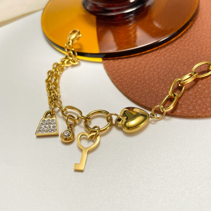 Valentine's Day Gift Stainless Steel Tarnish Free Waterproof Magnet Heart Lock Key Charms Gold Chain Couple Bracelets