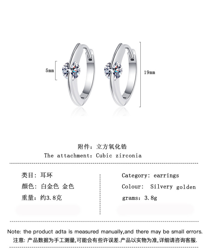 925 Silver Needle  Ladies Fashion High Quality Jewelry  Crystal Zircon Round Silver Plated Hoop Earrings