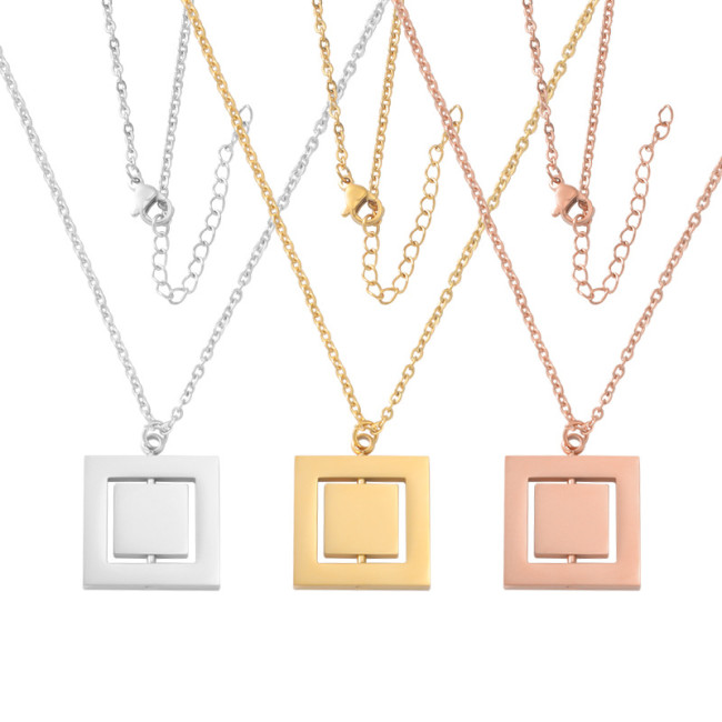 Creative Stainless Steel Rotatable Double-Layer Geometric Square Pendant Necklace Ornament