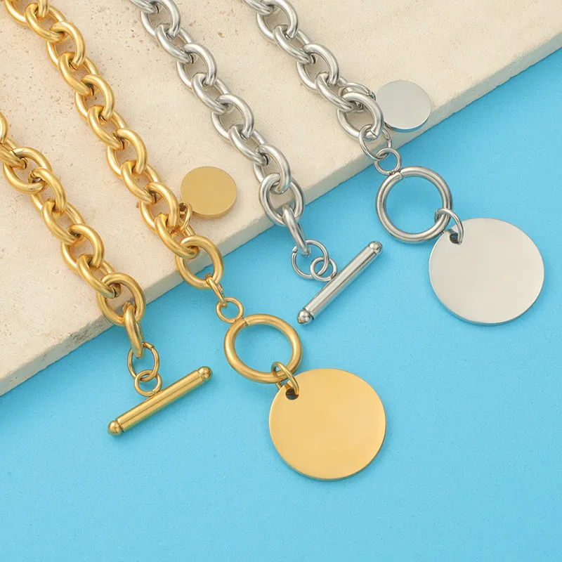 Personalized Hip Hop Stainless Steel OT Buckle Thick Straps round Plate Pendant Necklace for Girls