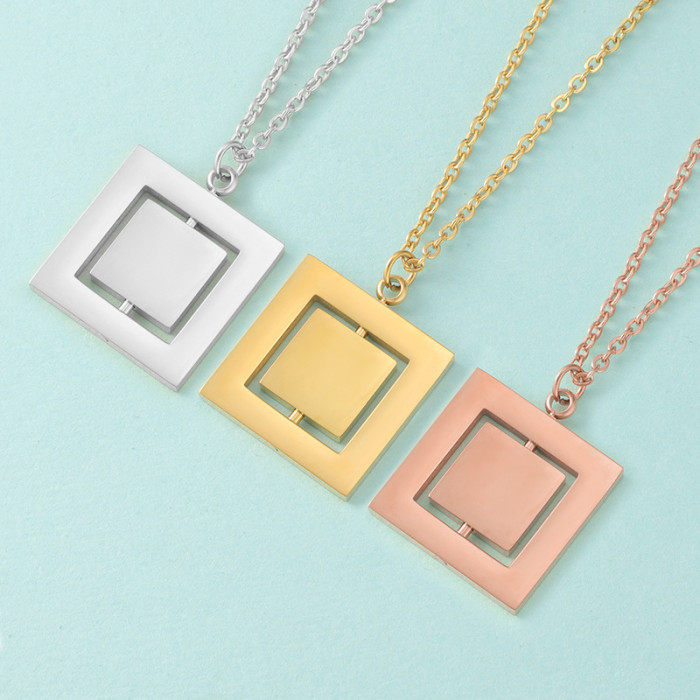 Creative Stainless Steel Rotatable Double-Layer Geometric Square Pendant Necklace Ornament