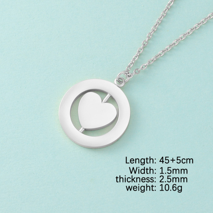 Creative Stainless Steel Heart-Shaped Rotatable Double-Layer round Pendant Necklace Ornament