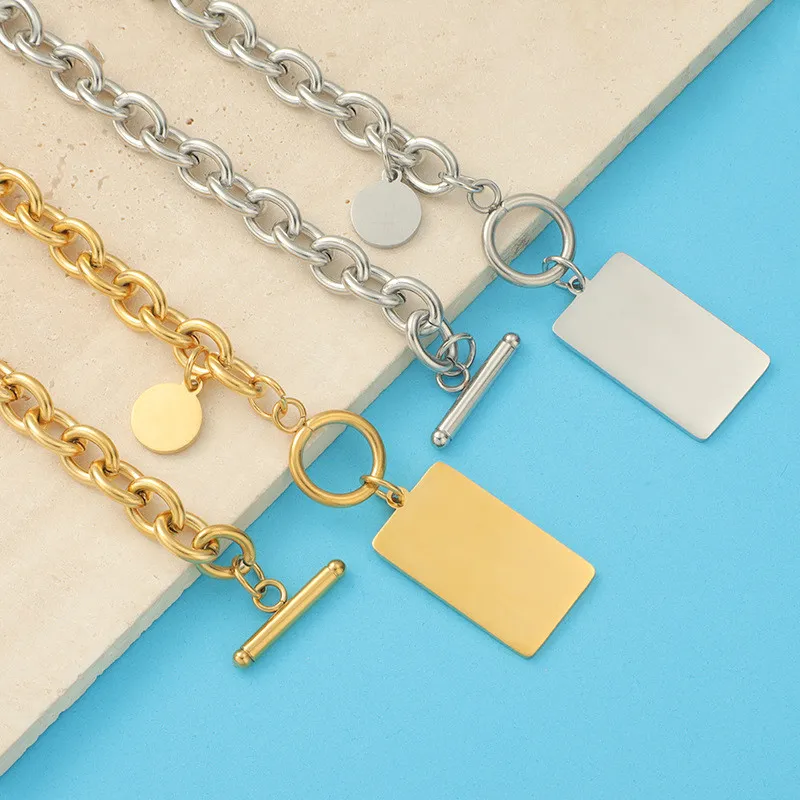 Personalized Hip Hop Stainless Steel OT Buckle Thick Straps round Brand Square Plate Pendant Necklace Ins Can Carve Writing