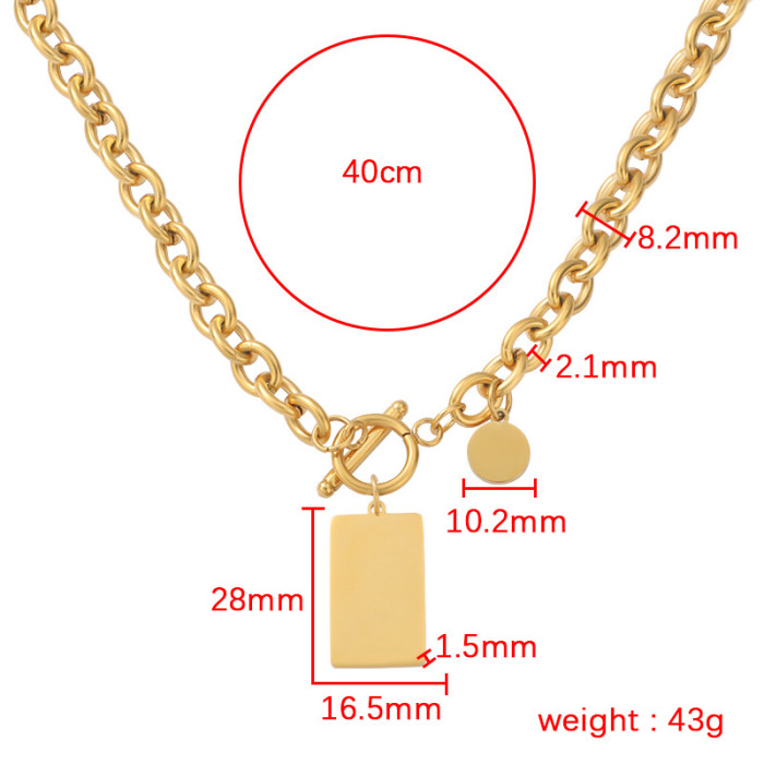 Personalized Hip Hop Stainless Steel OT Buckle Thick Straps round Brand Square Plate Pendant Necklace Ins Can Carve Writing