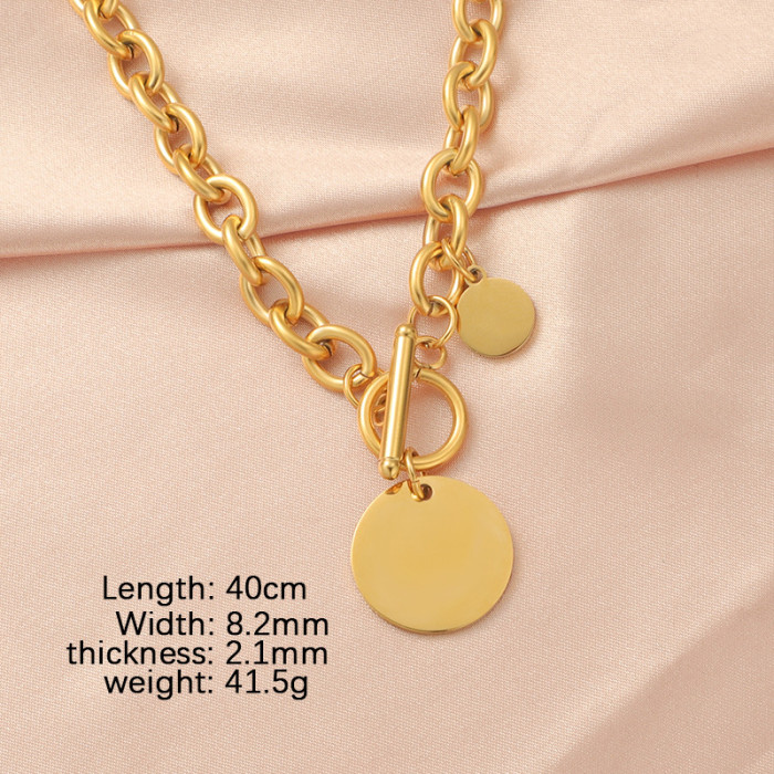 Personalized Hip Hop Stainless Steel OT Buckle Thick Straps round Plate Pendant Necklace for Girls