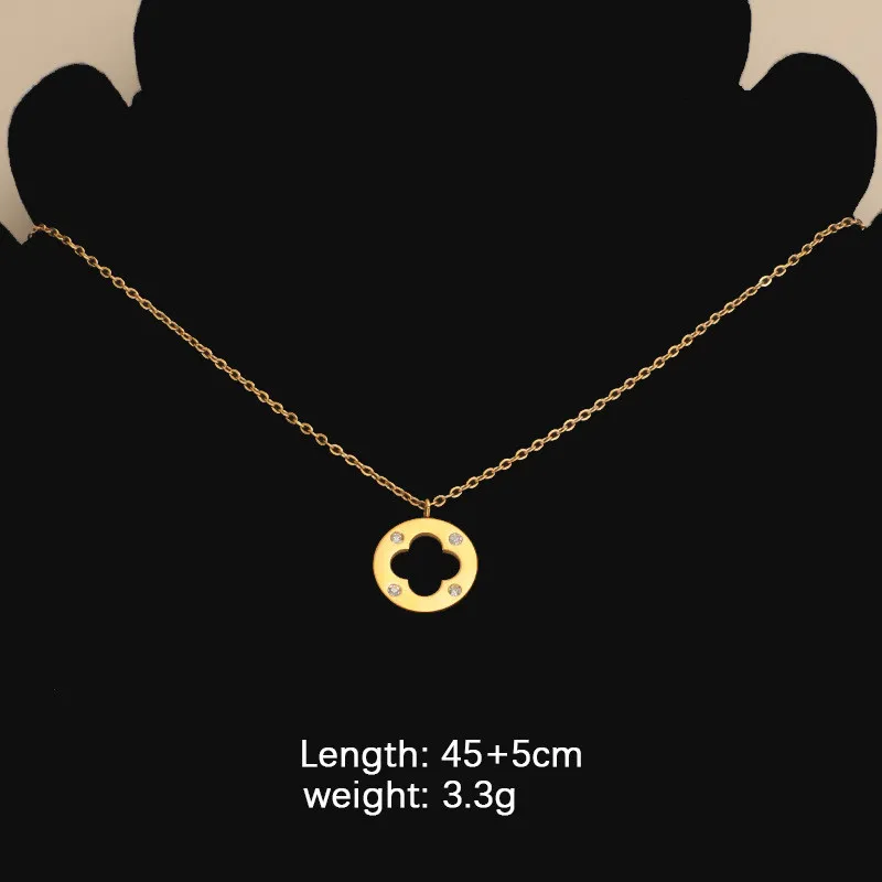 Stainless Steel Hollow Four-Leaf Clover Ring Pendant Necklace with Diamond Simple Fashion Women Jewelry