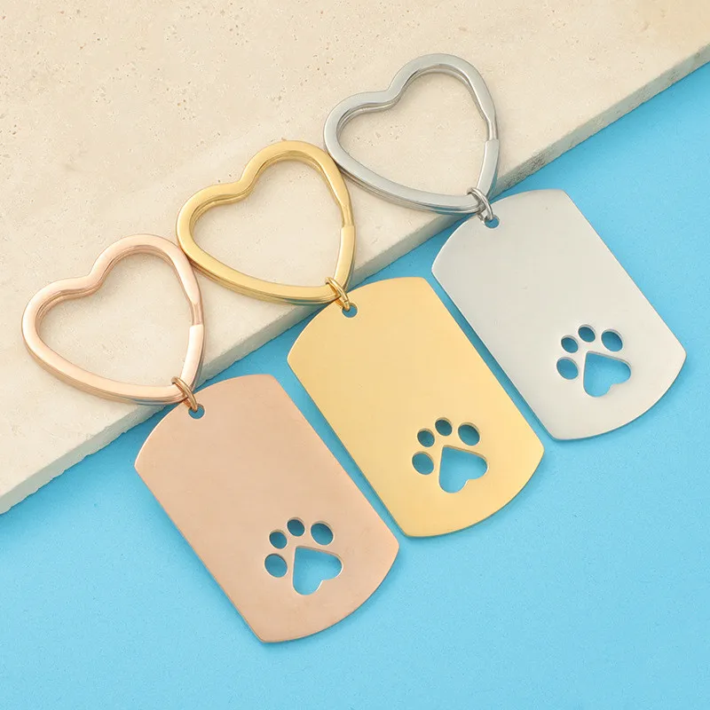 Titanium Steel Dog Tag Hollow Dog's Paw DIY Can Be Laser Sculpture Heart Keychain