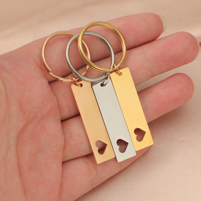 Stainless Steel Hollow Heart Long Tag Keychain Can Carve Writing Logo Pendant Anti-Lost