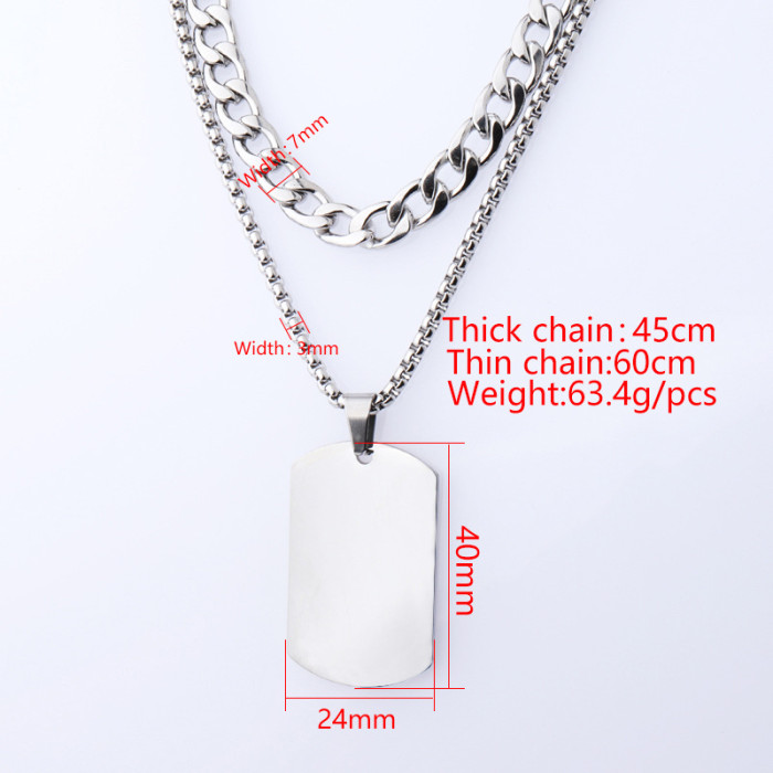 Stainless Steel Hip Hop Men's Double-Layer Necklace Dog Tag Can Carve Writing