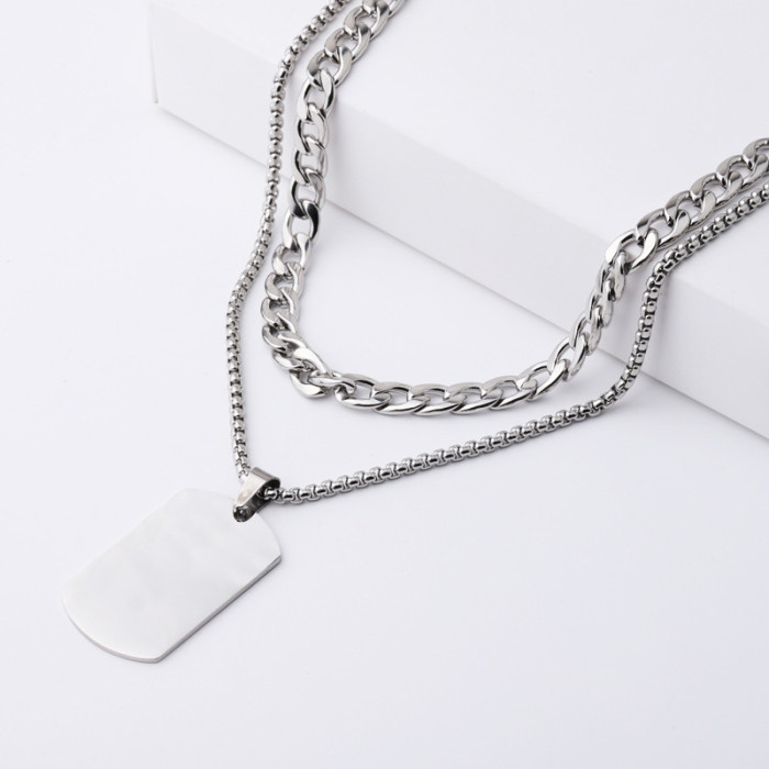 Stainless Steel Hip Hop Men's Double-Layer Necklace Dog Tag Can Carve Writing