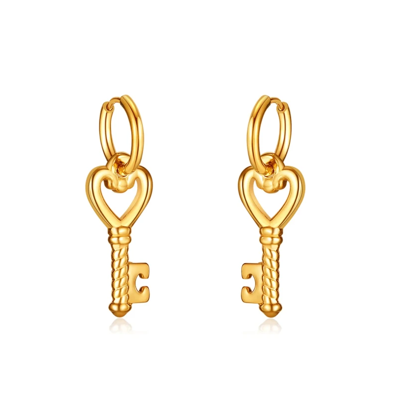 Creative Stainless Steel Hollow Heart Key Gold Plated Stud Earrings for Women