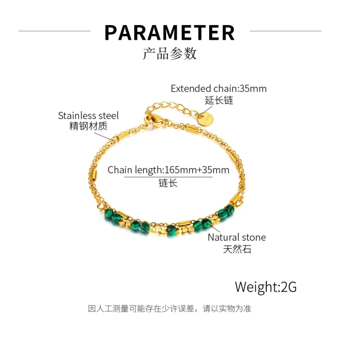 Ornament Wholesale Vintage Fashion Green Natural Stone Stainless Steel Double Layer Bracelet