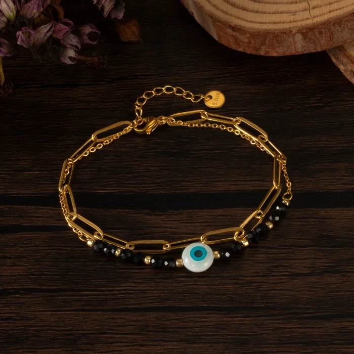 Ornament Hot Sale Stainless Steel Acrylic Devil's Eye Natural Stone Double Layer Bracelet for Women