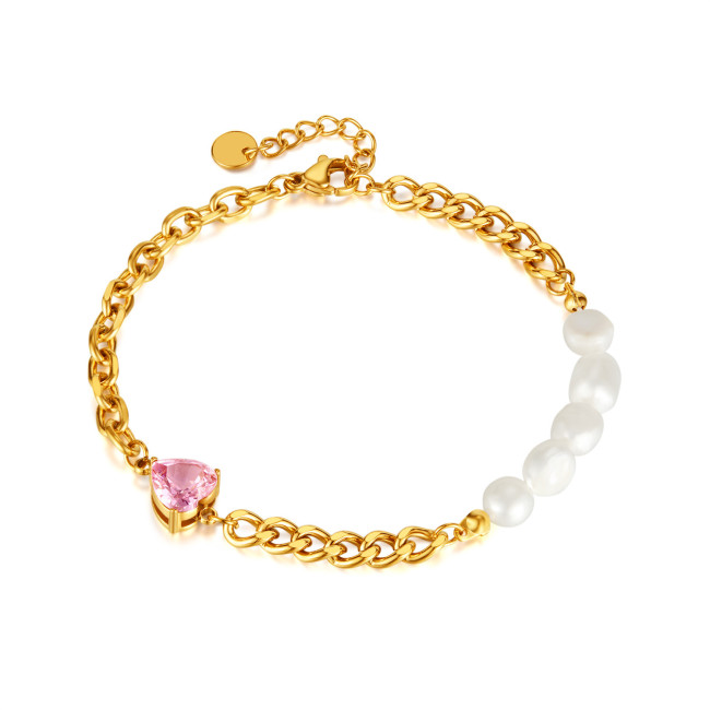 Ornament Pink Loving Heart Zircon Natural Freshwater Pearl Stainless Steel Bracelet