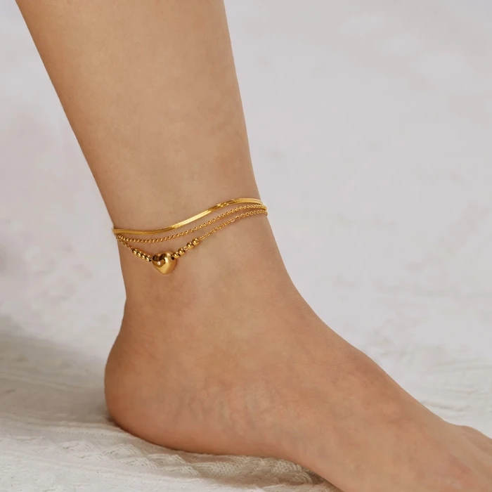 Ornament Factory Personality Double Layers Loving Heart High Gold Plated Stainless Steel Anklets Female