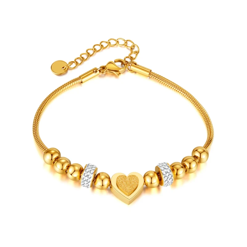 Fashion Simple Stainless Steel Beaded Zircon Three-Dimensional Frosted Heart Bracelet