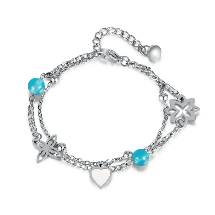 Ornament Fashion Creative Blue Crystal Hollow Flower Double Layer Titanium Steel Love Mother Shell Bracelet