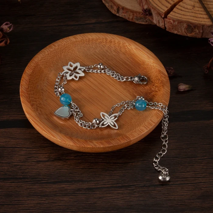 Ornament Fashion Creative Blue Crystal Hollow Flower Double Layer Titanium Steel Love Mother Shell Bracelet