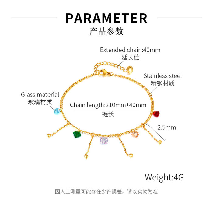 Ornament Factory Personality Ins Candy Color Glass Stone Foot Ornaments Stainless Steel Tassel Anklet