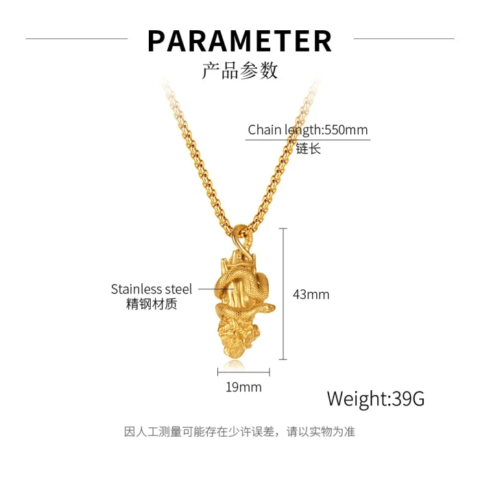 Ornament Wholesale Vintage Simulated Snakes Winding Pendant Personality Praying Hands Stainless Steel Necklace for Men