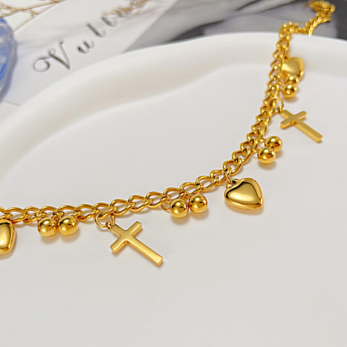 Fashion Love Pendant Foot Decoration Personality round Bead Stainless Steel Cross Anklet for Women