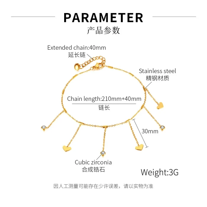 Ornament Factory Design Cool Style Stainless Steel Loving Heart Zircon Tassel Titanium Steel Anklet
